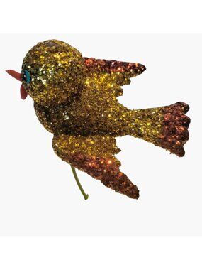 Glitter Gold Bird Ornament Green Wire Stem  Decoration Crafting